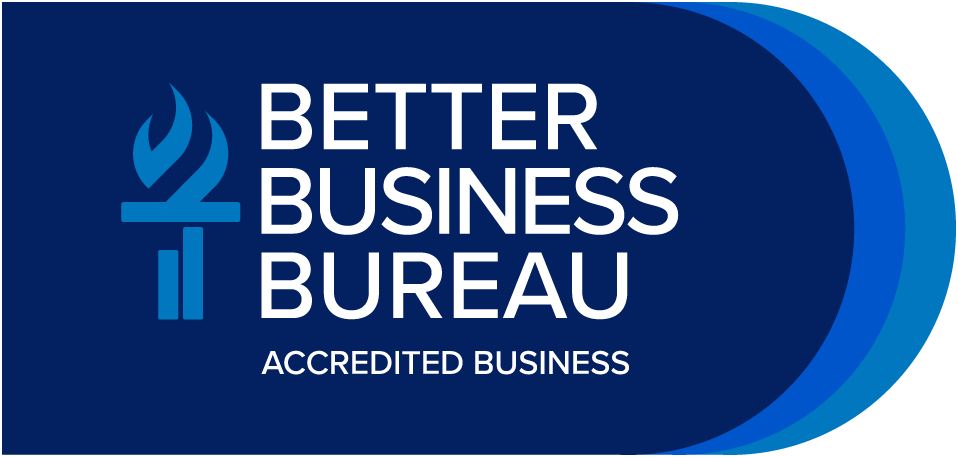 Better Business Bureau Accredited Business logo for a paving contractor, featuring a blue torch symbol on a dark blue background with layered blue arcs on the right.
