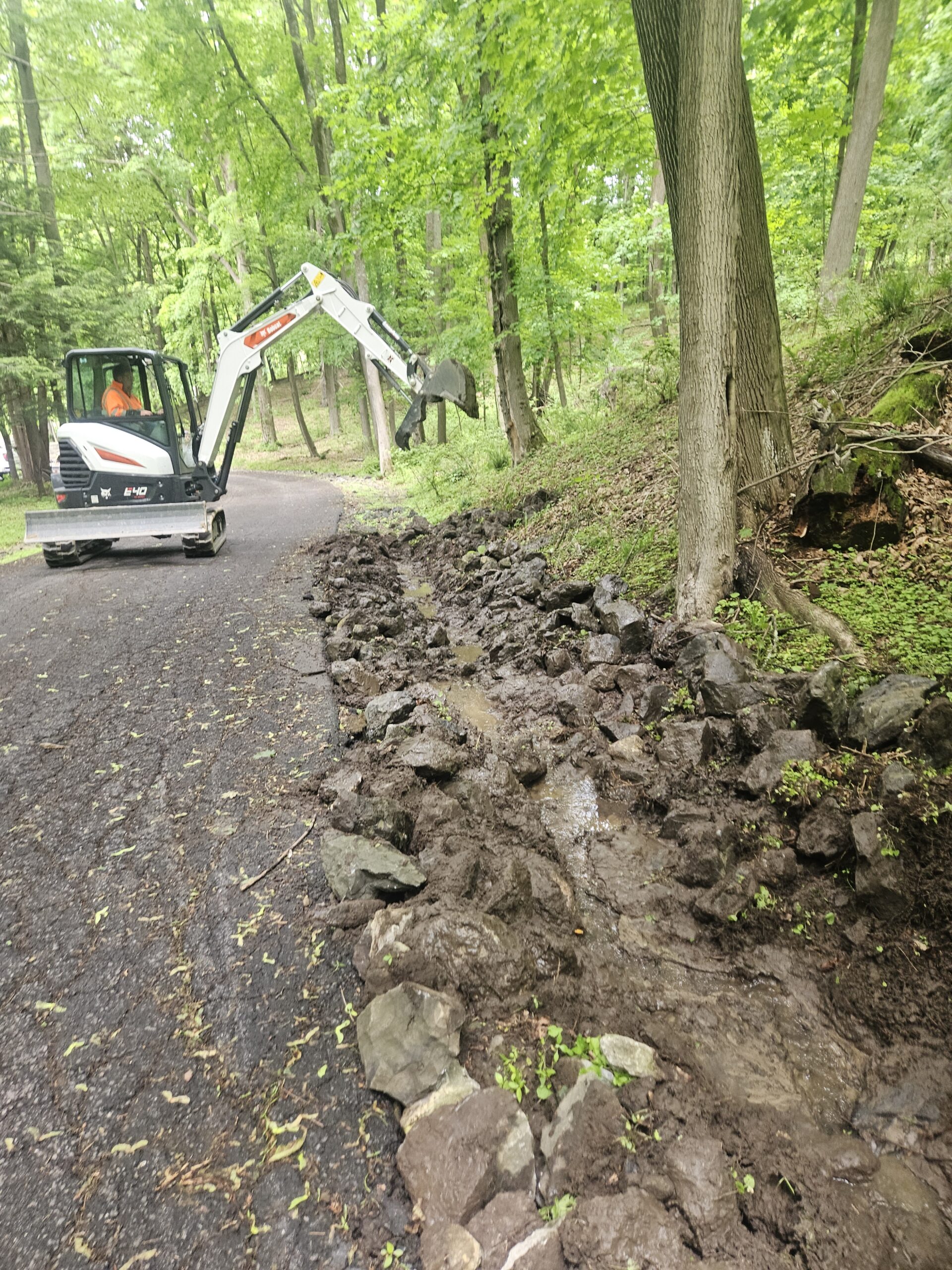 A small excavator is clearing rocks and soil from a muddy area beside a paved path in a wooded area.